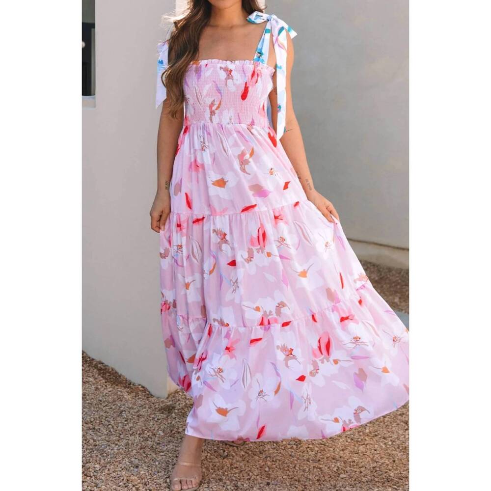 NEW 1 THE WOMAN floral print knotted shoulder smocked maxi dress in pink